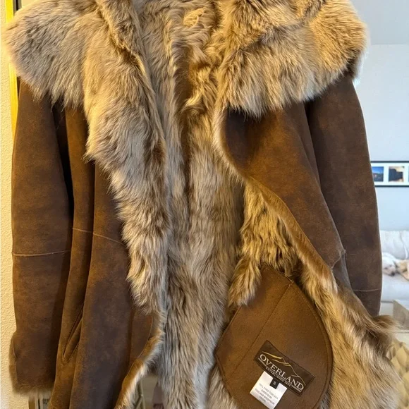 Overland Natasha Hooded Toscana Sheepskin Brown Leather and Fur Coat Small - Picture 9 of 11